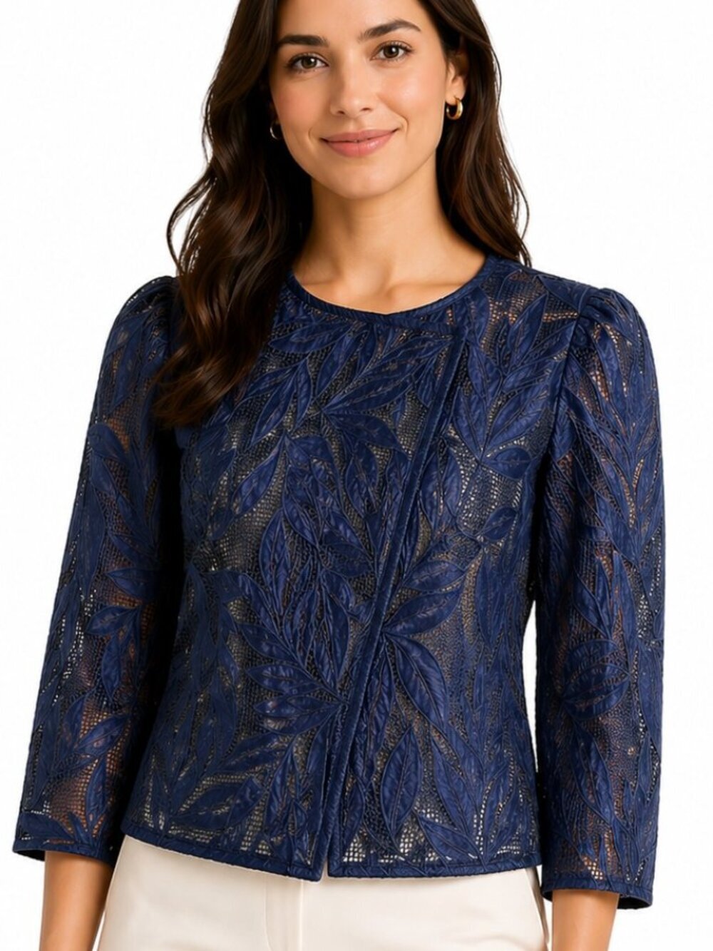 Hilton Hollis Navy Blue Crochet Leaf Print Cropped Jacket